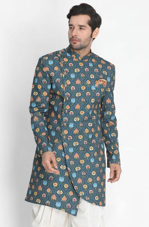 VASTRAMAY Men's Dark Green Silk Blend Sherwani Only Top